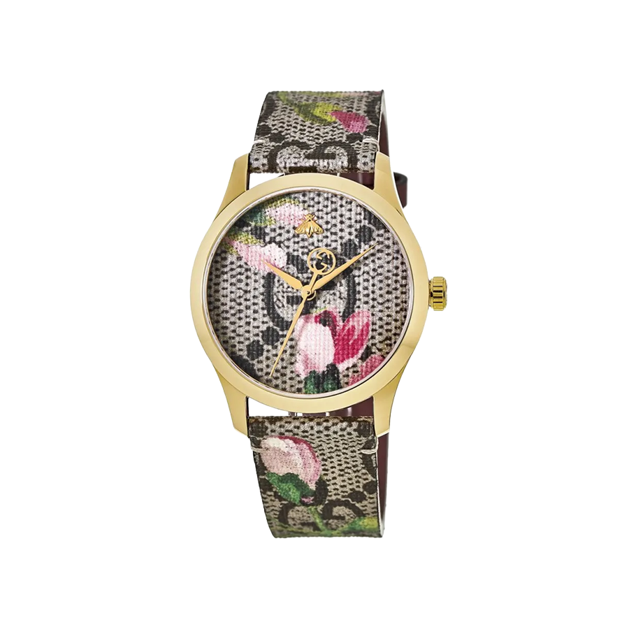 Gucci G-Timeless Pink Print Dial PVD Case Canvas Strap Quartz Watch