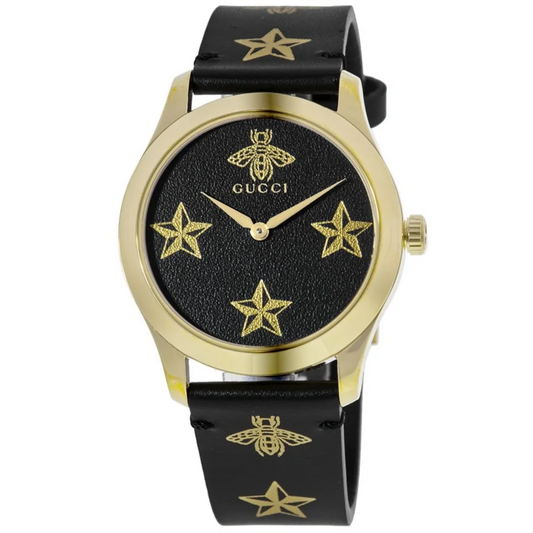 Gucci G-Timeless Black Bee Motif Dial Leather Strap Quartz Watch