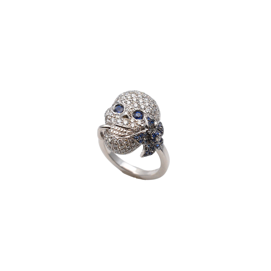 Gucci Flora Skull Ring in 18K Yellow Gold with Diamonds and Blue Sapphire