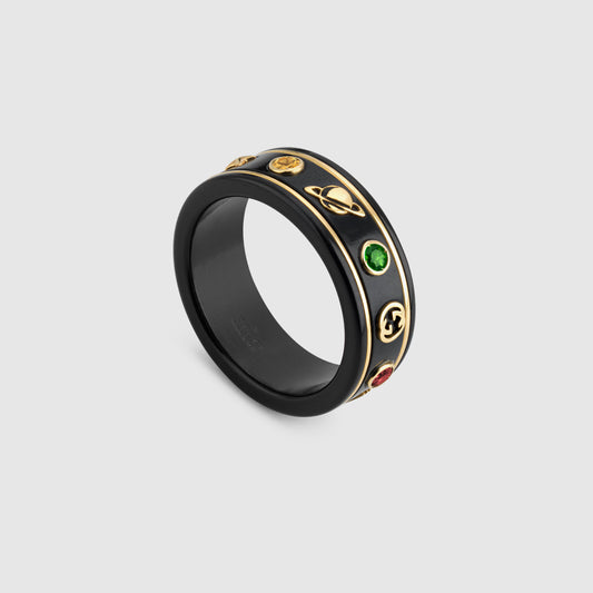 Gucci Icon Ring in 18K Yellow Gold Black Band