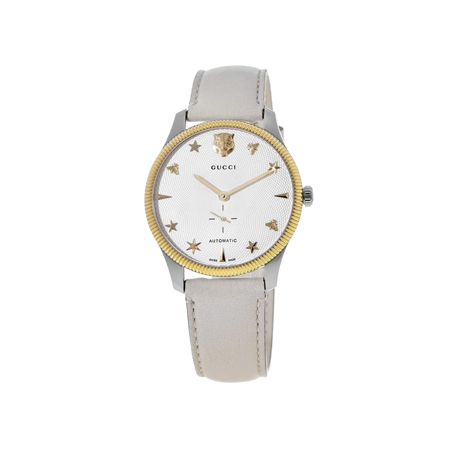 Gucci  G-Timeless Automatic Silver Dial White Leather Strap Watch