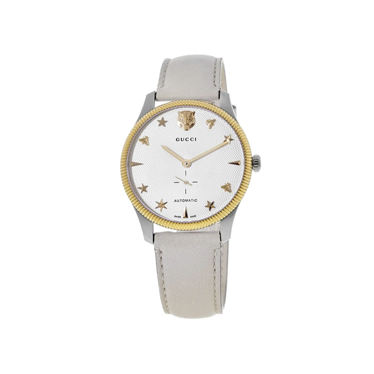Gucci  G-Timeless Automatic Silver Dial White Leather Strap Watch