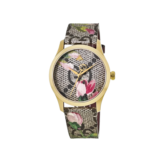 Gucci G-Timeless Pink Print Dial PVD Case Canvas Strap Quartz Watch
