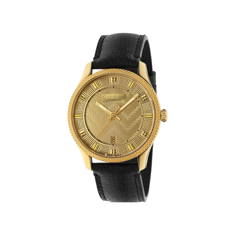 Gucci Eryx Automatic Chevron Gold Dial Black Leather Strap Watch