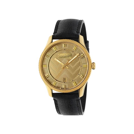 Gucci Eryx Automatic Chevron Gold Dial Black Leather Strap Watch