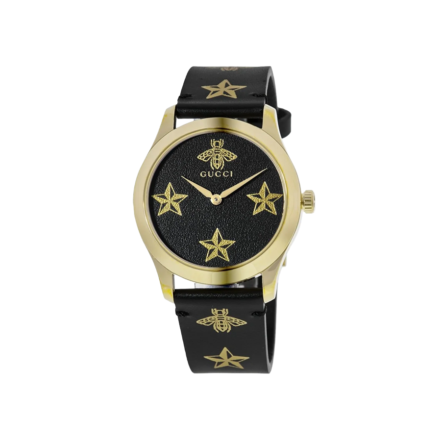 Gucci G-Timeless Black Bee Motif Dial Leather Strap Quartz Watch