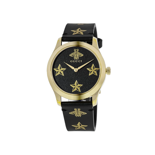 Gucci G-Timeless Black Bee Motif Dial Leather Strap Quartz Watch
