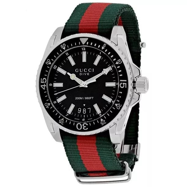 Gucci Dive Black Matte Dial Green Red Web Nylon Quartz Watch