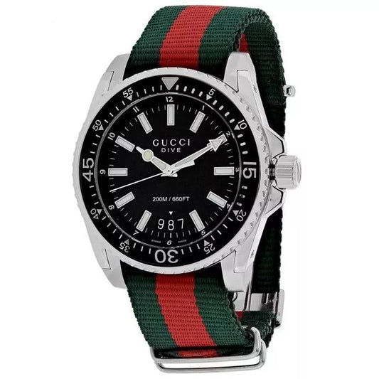 Gucci Dive Black Matte Dial Green Red Web Nylon Quartz Watch