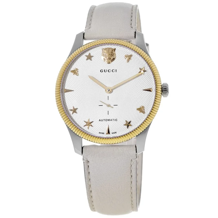 Gucci  G-Timeless Automatic Silver Dial White Leather Strap Watch