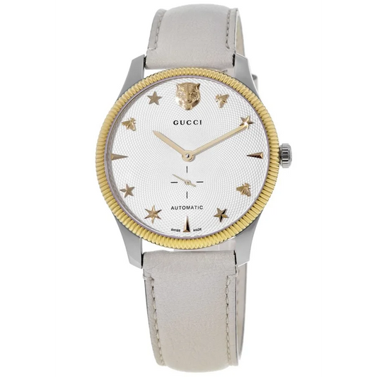 Gucci  G-Timeless Automatic Silver Dial White Leather Strap Watch