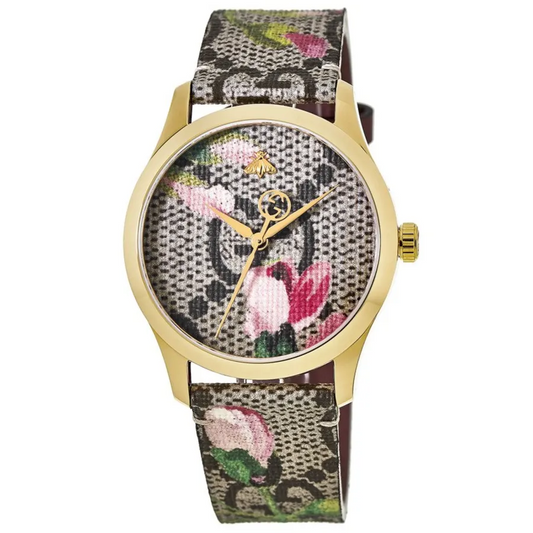 Gucci G-Timeless Pink Print Dial PVD Case Canvas Strap Quartz Watch