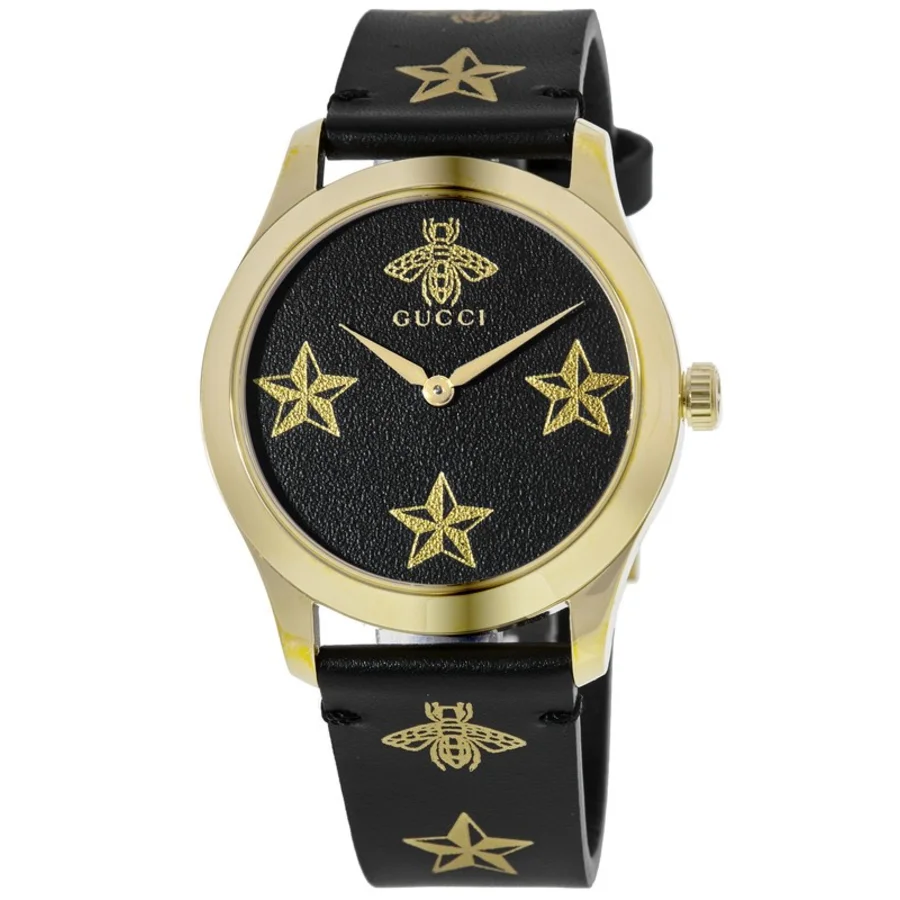 Gucci G-Timeless Black Bee Motif Dial Leather Strap Quartz Watch